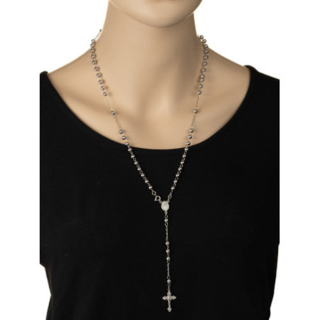 Stříbrný náhrdelník - růženec, 5 desátků, křížek s Ježíšem, Zázračná medailka, délka 60 cm
