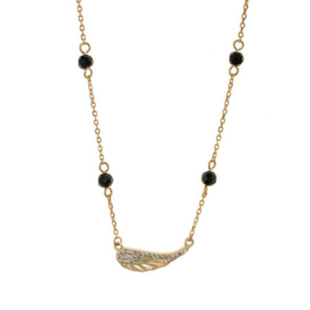 Pozlacený stříbrný náhrdelník - andělské křídlo, černé zirkony, čiré kulaté zirkony, délka 42 až 45 cm