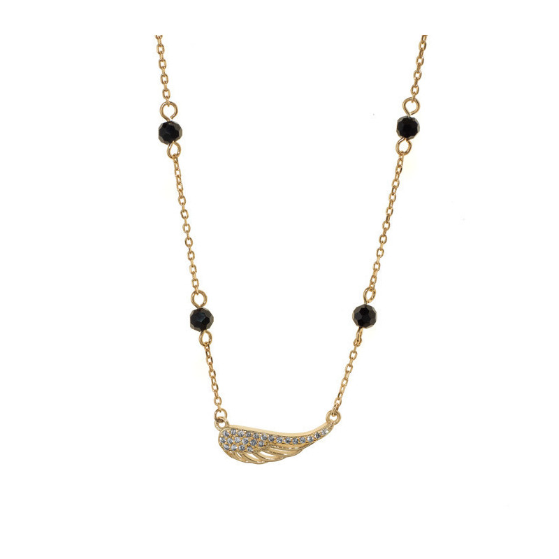 Pozlacený stříbrný náhrdelník - andělské křídlo, černé zirkony, čiré kulaté zirkony, délka 42 až 45 cm