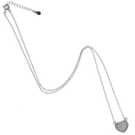 Stříbrný náhrdelník - srdíčko, čiré kulaté zirkony, délka 43 až 46 cm
