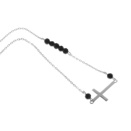 Stříbrný náhrdelník - křížek, černé zirkony, délka 44 až 47 cm