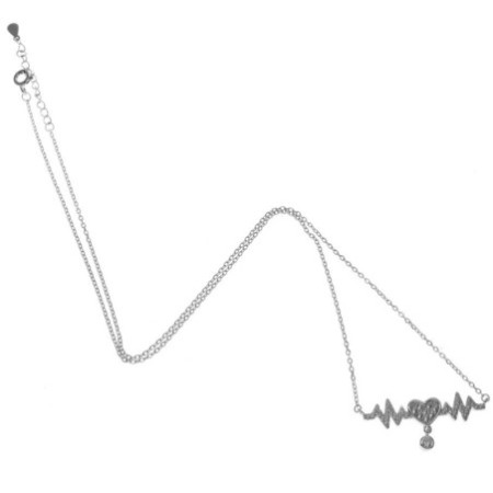 Stříbrný náhrdelník - srdíčko, EKG, čiré kulaté zirkony, délka 43 až 46 cm