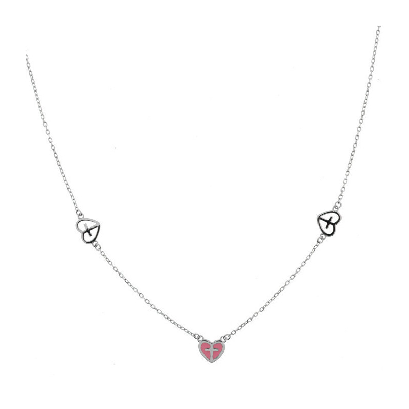 Stříbrný náhrdelník - srdíčko, křížek, glazura, délka 43 až 46 cm