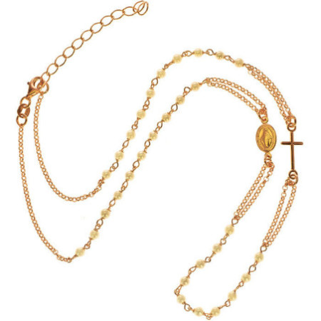 Pozlacený stříbrný náhrdelník - růženec, 3 desítky, křížek, Zázračná medailka, bílé syntetické perly ve tvaru kuličky, délka 49 