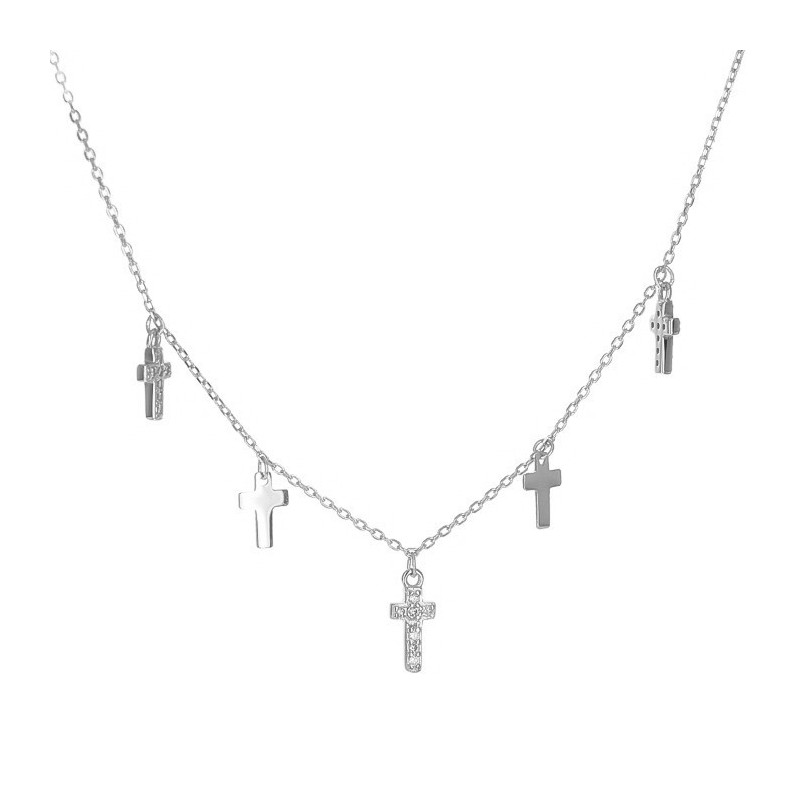 Stříbrný náhrdelník - křížek, čiré kulaté zirkony, délka 43 až 46cm