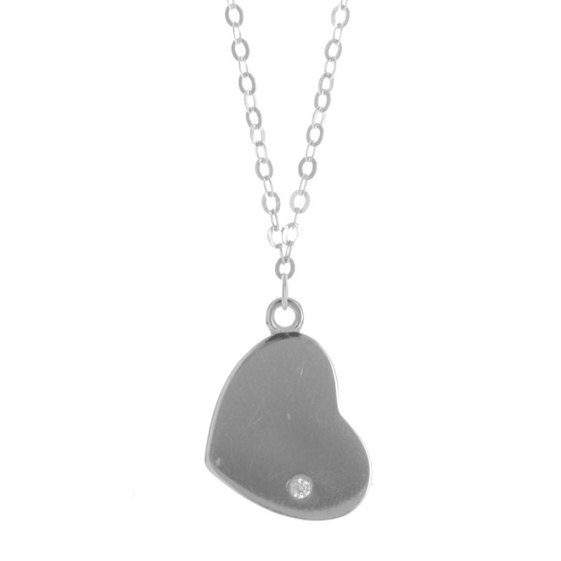 Stříbrný náhrdelník - srdíčko, čirý kulatý zirkon, délka 43 až 46 cm