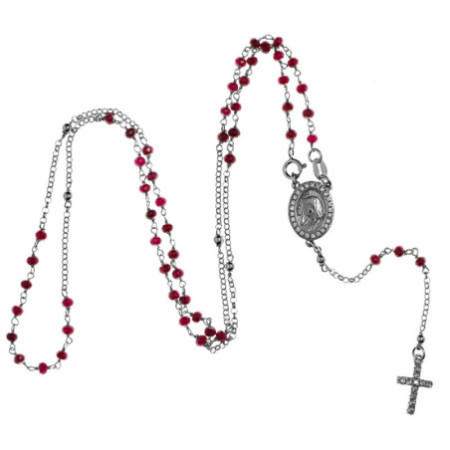 Stříbrný náhrdelník - růženec, 5 desátků, křížek, červené zirkony, čiré kulaté zirkony, délka 59 cm