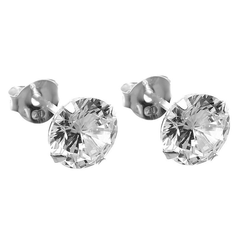 Stříbrné náušnice - čirý kulatý zirkon, velikost 7 mm