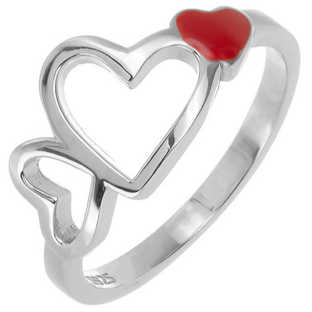 Stříbrný prsten - srdíčka, červená glazura