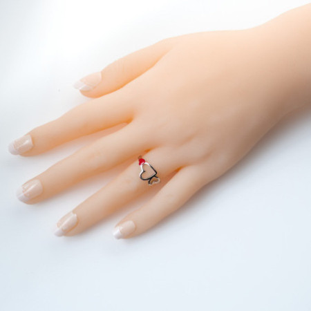 Stříbrný prsten - srdíčka, červená glazura