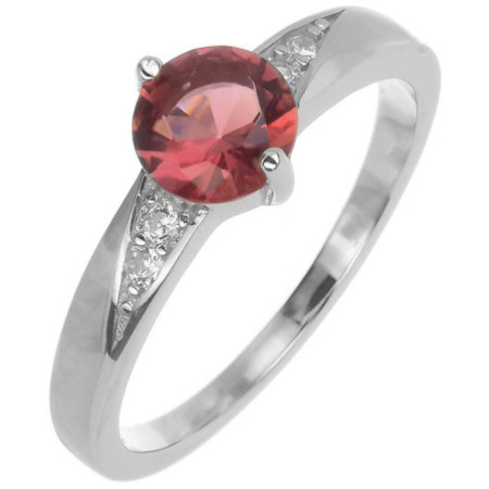 Stříbrný prsten - tmavě růžový kulatý zirkon, čiré kulaté zirkony