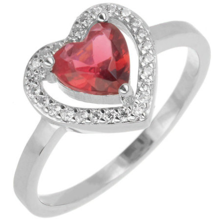 Stříbrný prsten - srdíčko, tmavě růžový zirkon ve tvaru srdíčka, čiré kulaté zirkony