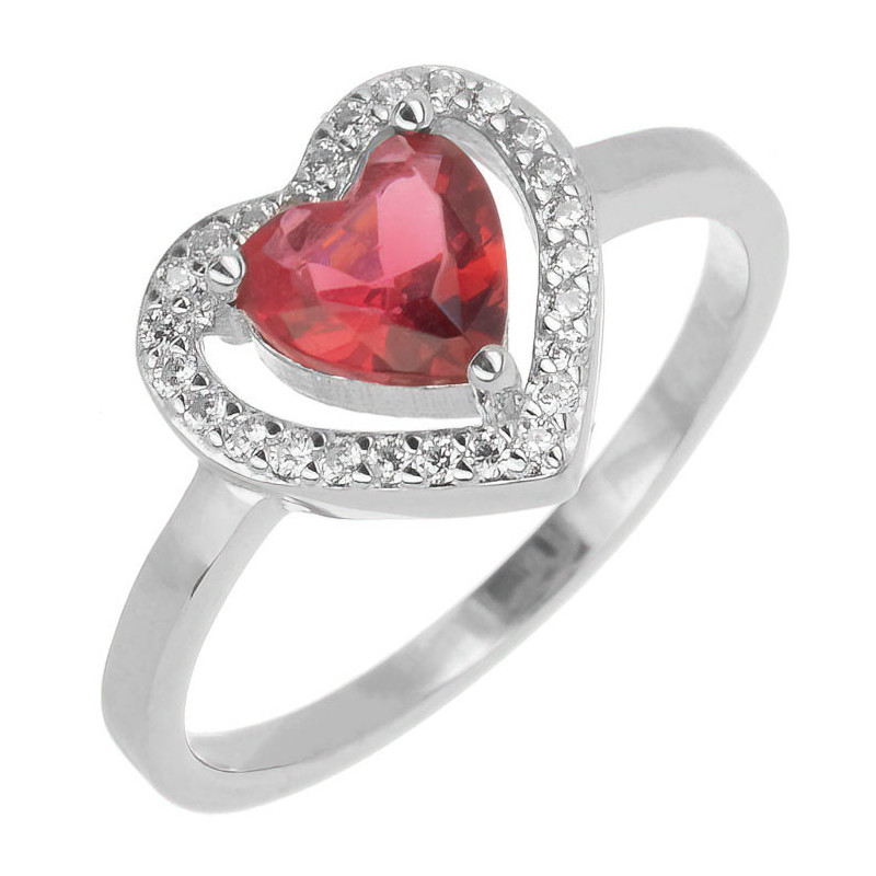 Stříbrný prsten - srdíčko, tmavě růžový zirkon ve tvaru srdíčka, čiré kulaté zirkony