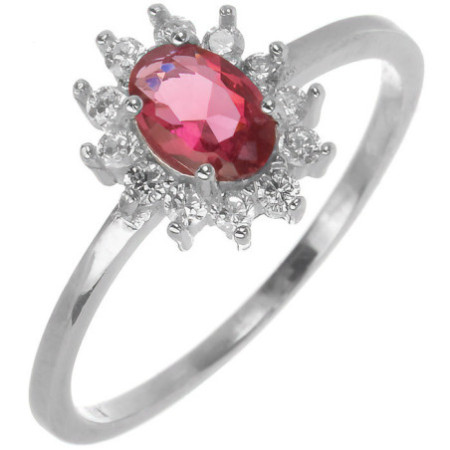 Stříbrný prsten - tmavě růžový oválný zirkon, čiré kulaté zirkony