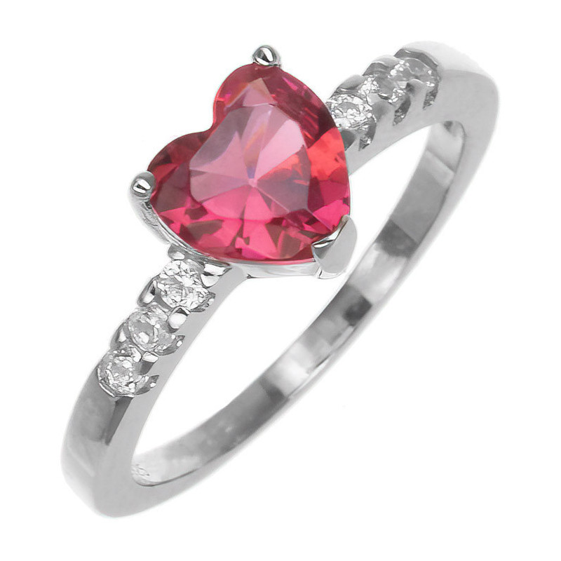 Stříbrný prsten - srdíčko, tmavě růžový zirkon ve tvaru srdíčka, čiré kulaté zirkony