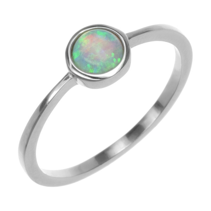 Stříbrný prsten - bílý kulatý syntetický opál