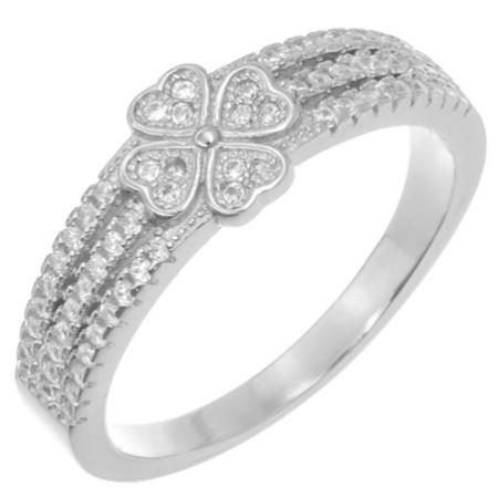 Stříbrný prsten - čtyřlístek, čiré kulaté zirkony