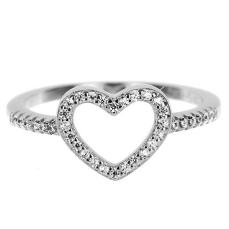 Stříbrný prsten - srdíčko, čiré kulaté zirkony