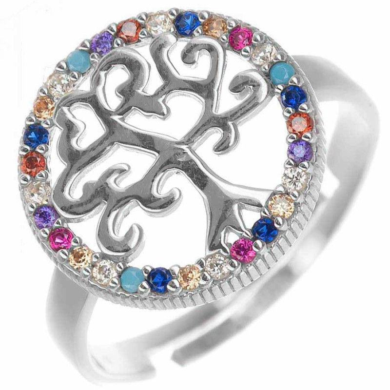 Stříbrný prsten - nastavitelná velikost, strom života, barevné kulaté zirkony
