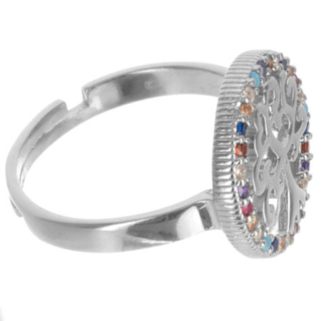 Stříbrný prsten - nastavitelná velikost, strom života, barevné kulaté zirkony