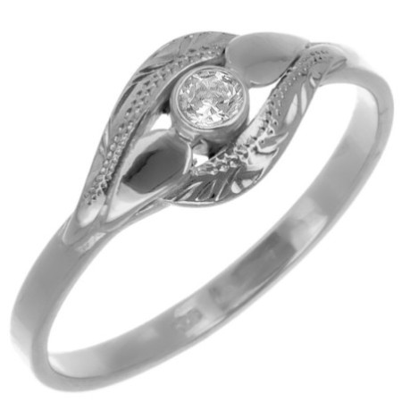Stříbrný prsten - s ručním gravírem, čirý kulatý zirkon