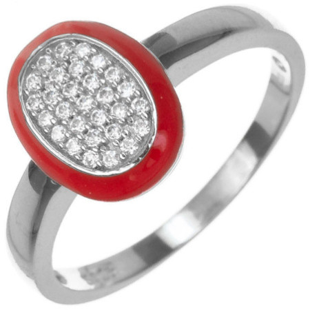 Stříbrný prsten - červená glazura, čiré kulaté zirkony