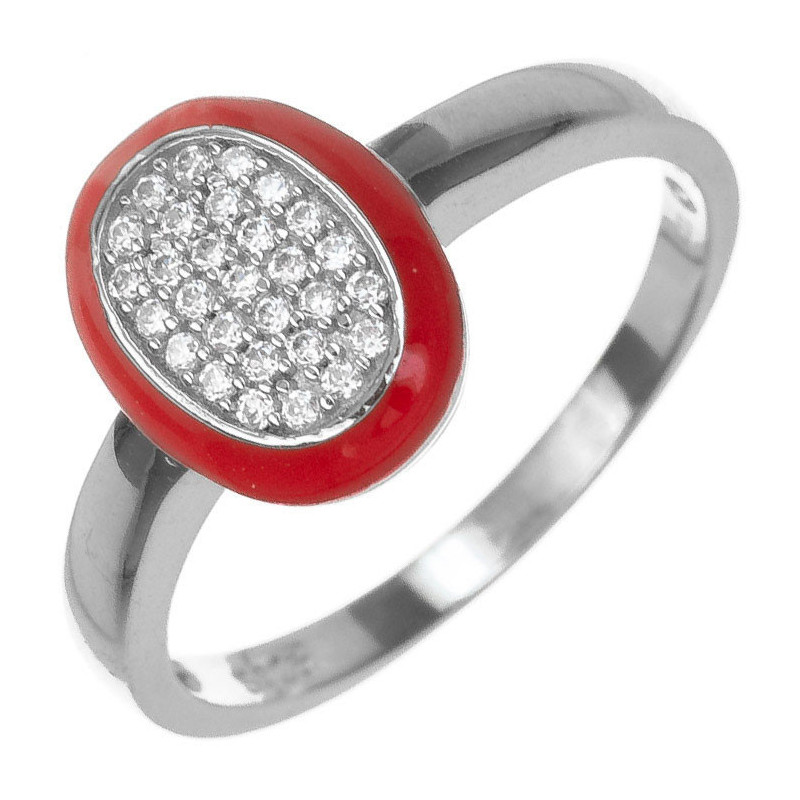 Stříbrný prsten - červená glazura, čiré kulaté zirkony