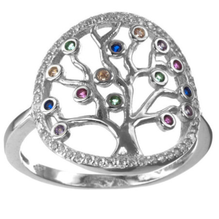 Stříbrný prsten - strom života, barevné kulaté zirkony