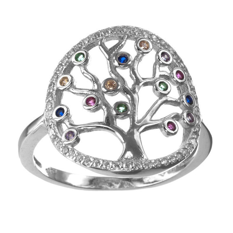 Stříbrný prsten - strom života, barevné kulaté zirkony
