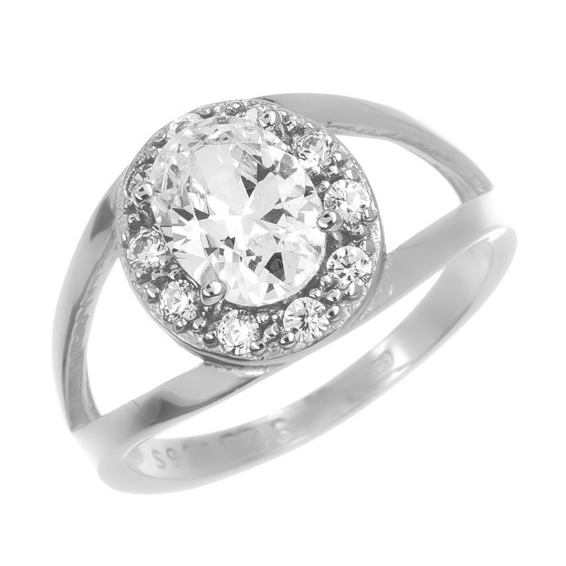 Stříbrný prsten - čirý oválný zirkon, čiré kulaté zirkony