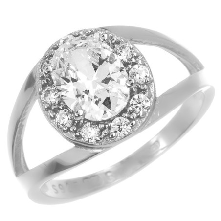 Stříbrný prsten - čirý oválný zirkon, čiré kulaté zirkony