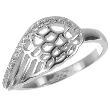 Stříbrný prsten - andělské křídlo, čiré kulaté zirkony