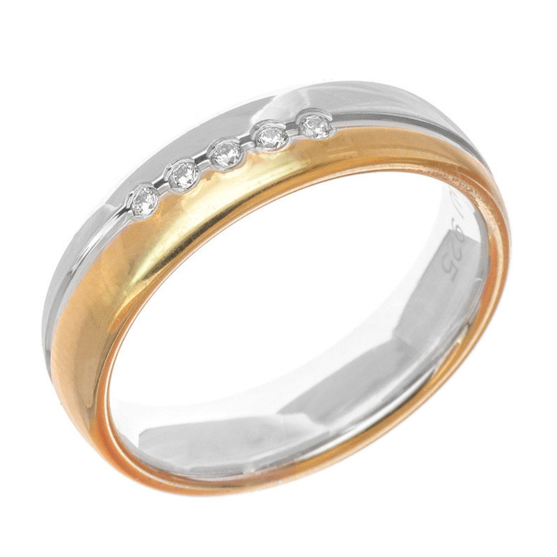 Kombinovaný stříbrný prsten - obroučka, čiré kulaté zirkony