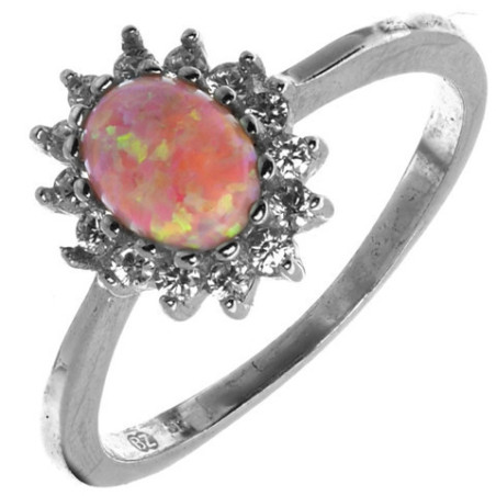 Stříbrný prsten - oválný syntetický opál, čiré kulaté zirkony