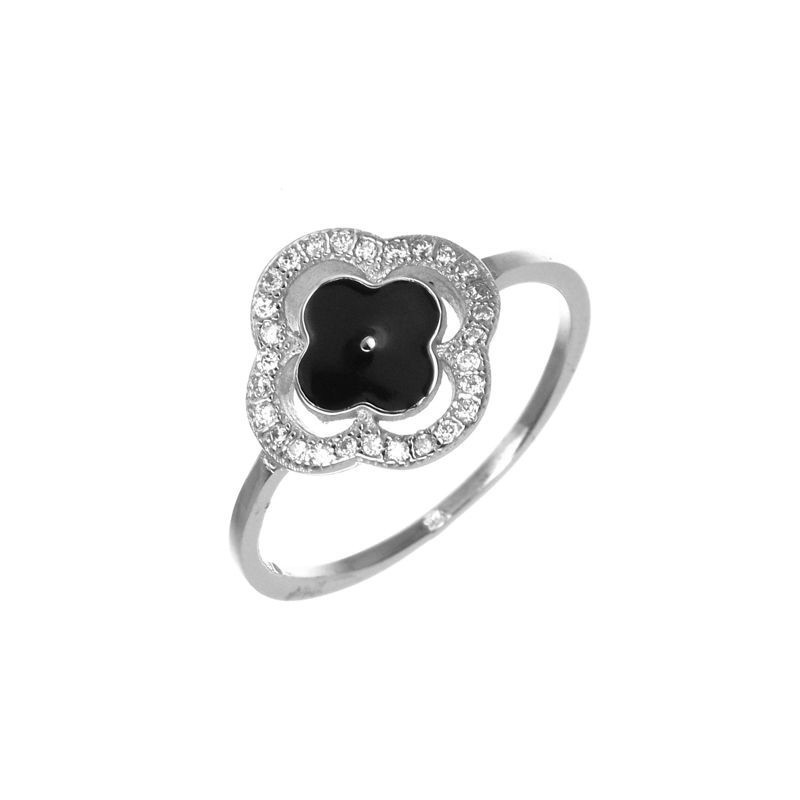 Stříbrný prsten - černá glazura, čiré kulaté zirkony