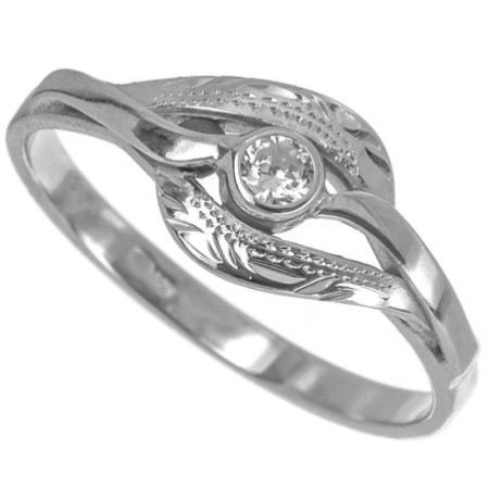 Stříbrný prsten - s ručním gravírem, čirý kulatý zirkon