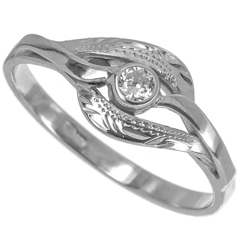 Stříbrný prsten - s ručním gravírem, čirý kulatý zirkon