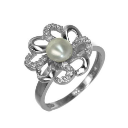 Stříbrný prsten - kvítek, bílá syntetická perla, čirý kulatý zirkon