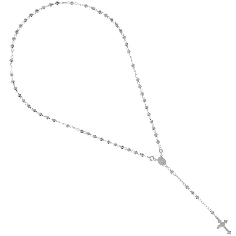 Stříbrný náhrdelník - růženec, 5 desátků, křížek s Ježíšem, Zázračná medailka, délka 53 cm