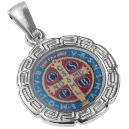 Stříbrný přívěsek - medailka sv. Benedikta, barevná glazura