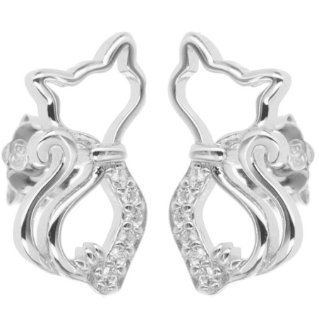 Stříbrné náušnice - kočka, čiré kulaté zirkony