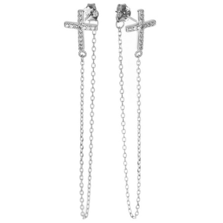 Stříbrné náušnice s řetízkem - křížek, čiré kulaté zirkony