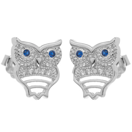 Stříbrné náušnice - sova, modré kulaté zirkony