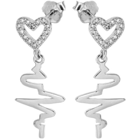 Stříbrné náušnice - srdíčka, EKG, čiré kulaté zirkony