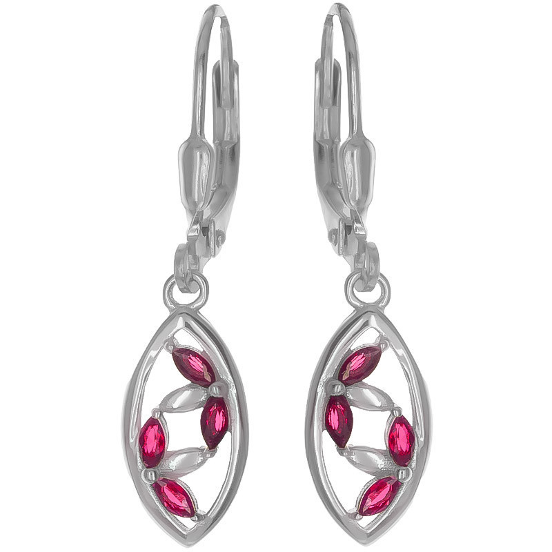 Stříbrné náušnice - tmavě růžové zirkony ve tvaru zrnka