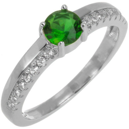 Stříbrný prsten - zelený kulatý zirkon, čiré kulaté zirkony