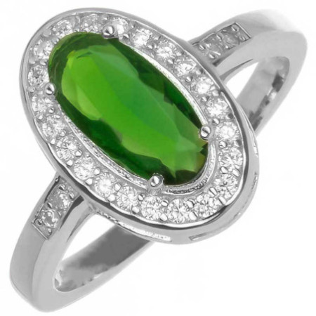 Stříbrný prsten - zelený oválný zirkon, čiré kulaté zirkony