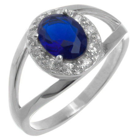 Stříbrný prsten - modrý oválný zirkon, čiré kulaté zirkony