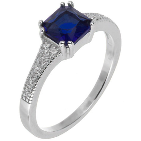 Stříbrný prsten - modrý zirkon ve tvaru čtverce, čiré kulaté zirkony