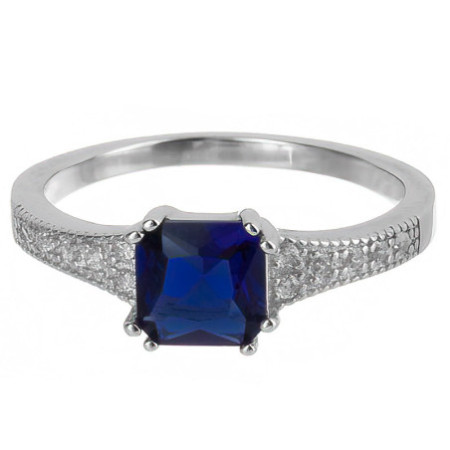 Stříbrný prsten - modrý zirkon ve tvaru čtverce, čiré kulaté zirkony